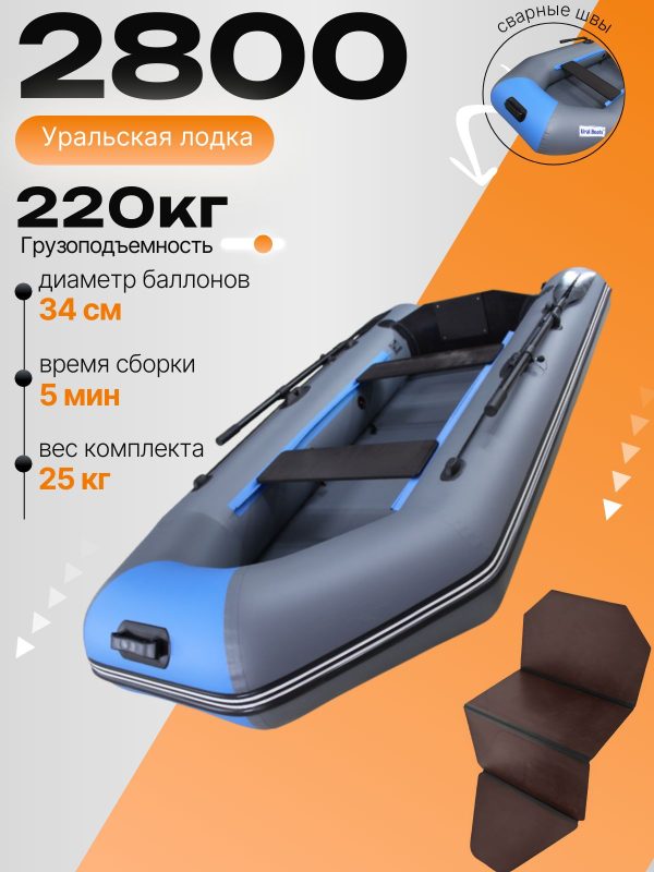 Уральская надувная лодка ПВХ 2800М/слань серо/синяя 750гр. плотность